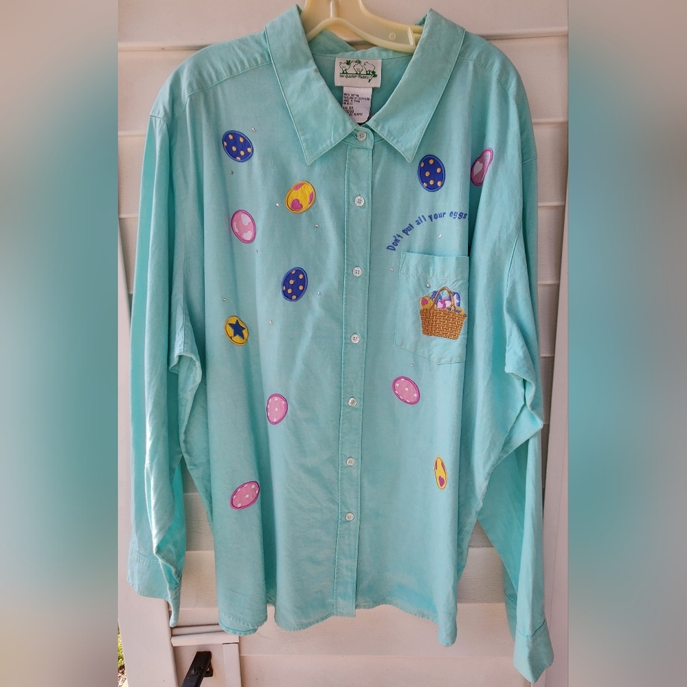 Easter Embroidered Mint Green Button-Up Eggs And Baskets Shirt 3X